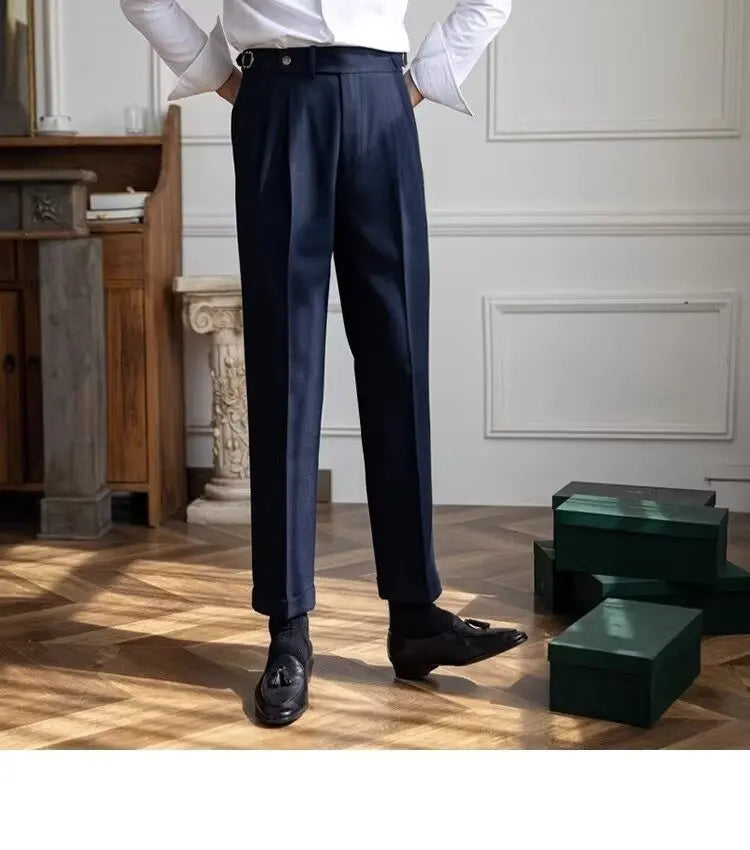 British Men's Suit Pants Straight High Waisted Naples Pants Formal Business Brown Black Khaki Off White Trousers Wedding Dress