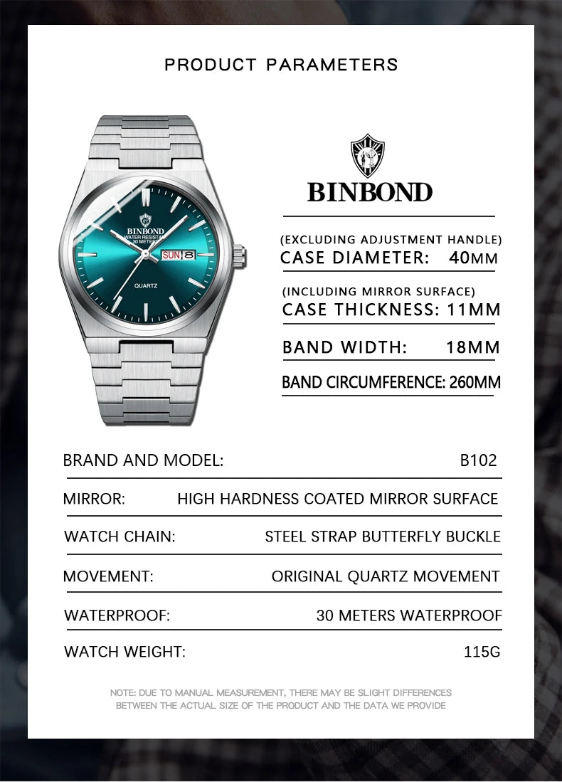 BINBOND Luxury Men's Business Watch - Waterproof Quartz Stainless Steel