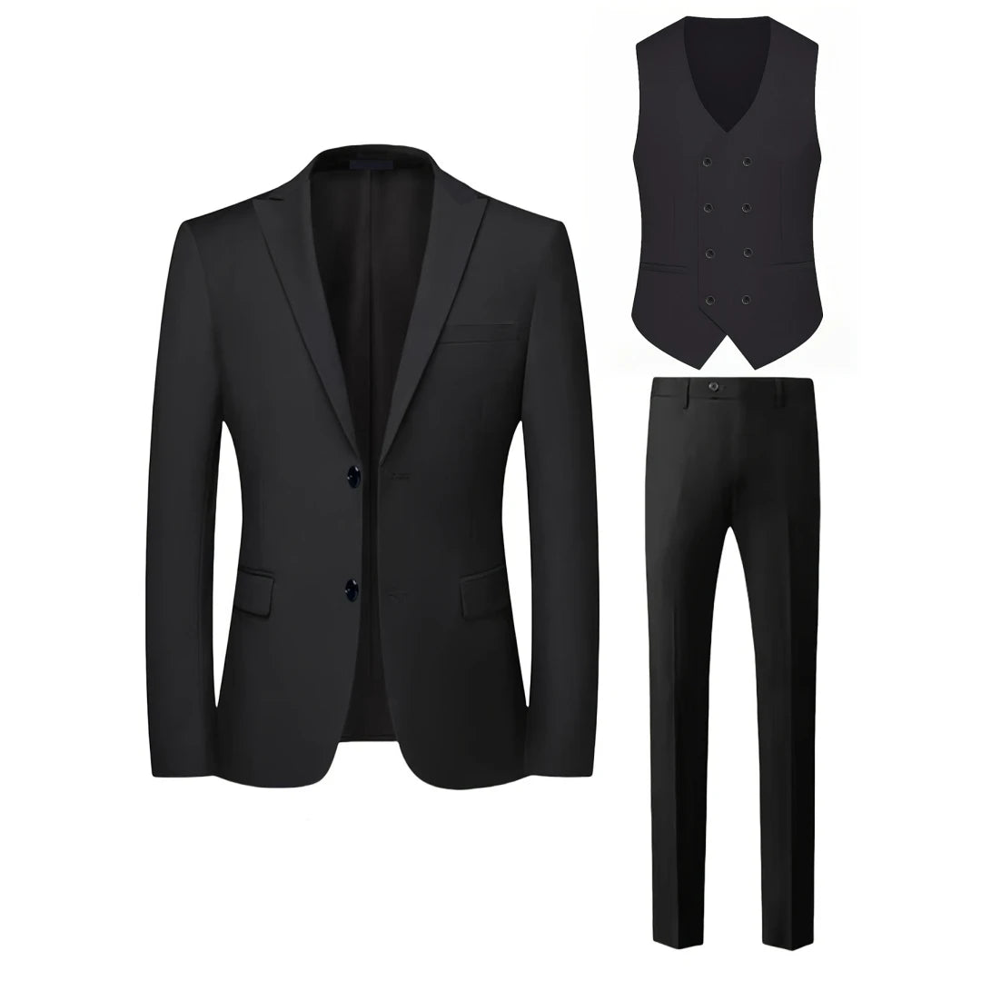 Men Suit 3 Pieces Black Double Button With Lapel Solid For Wedding Groom Banquet Party Business Work Office Jacket Vest Pants