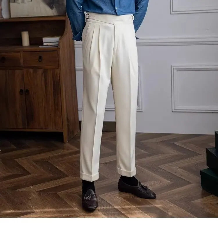 British Men's Suit Pants Straight High Waisted Naples Pants Formal Business Brown Black Khaki Off White Trousers Wedding Dress