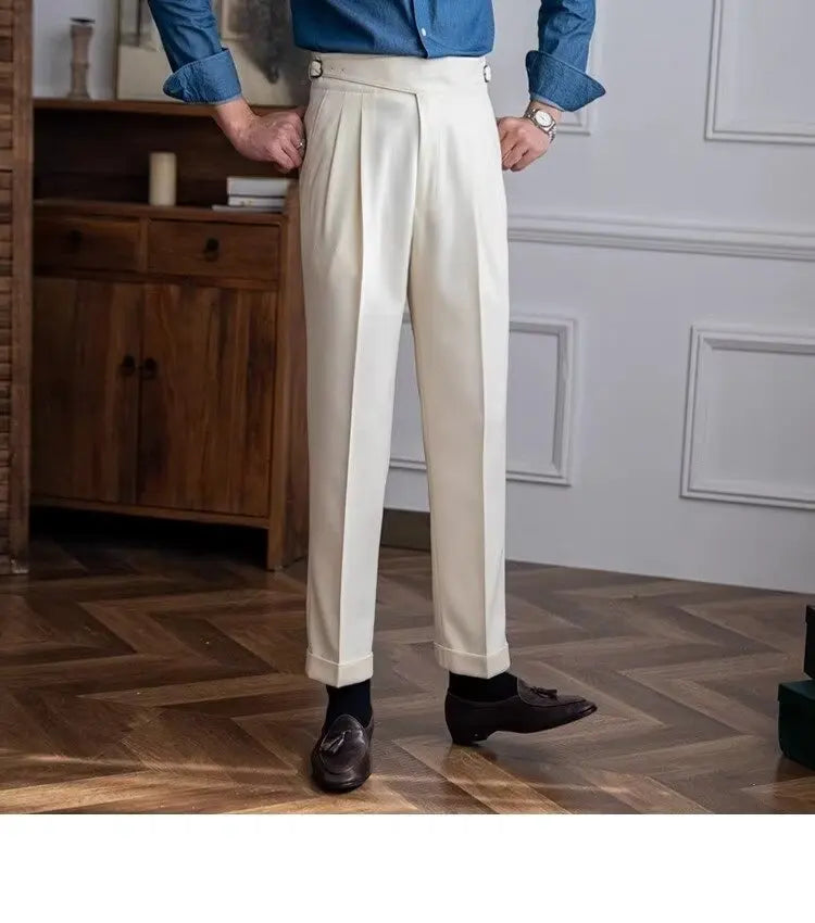 British Men's Suit Pants Straight High Waisted Naples Pants Formal Business Brown Black Khaki Off White Trousers Wedding Dress