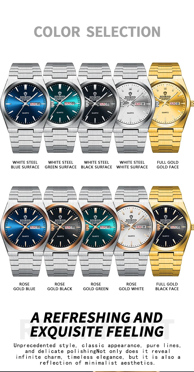 BINBOND Luxury Men's Business Watch - Waterproof Quartz Stainless Steel