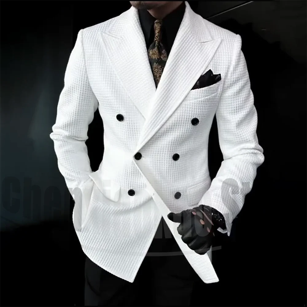 Men's Waffle Blazer Suit Chic Peak Lapel Double Breasted Textured Outfit Slim Party Wedding Formal Smart Casual Stylish Suits