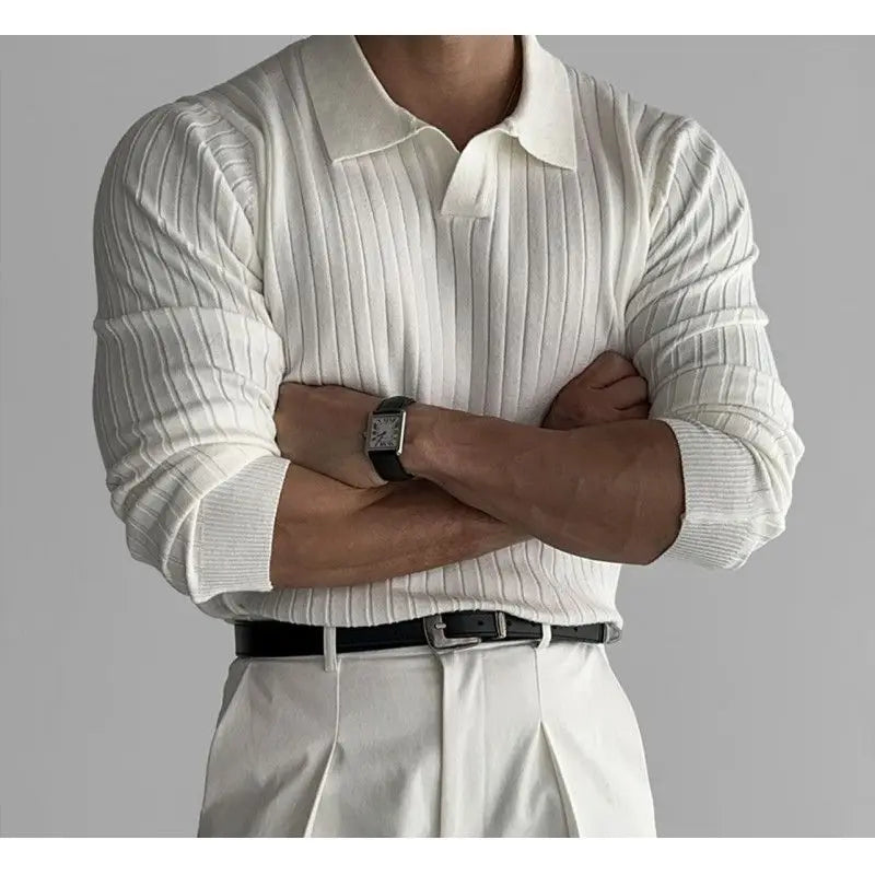 Spring Autumn Men's Slim Fit Long Sleeve Knitted T-shirt Pure Color Ribbed Elastic Collar Versatile Casual Fashion