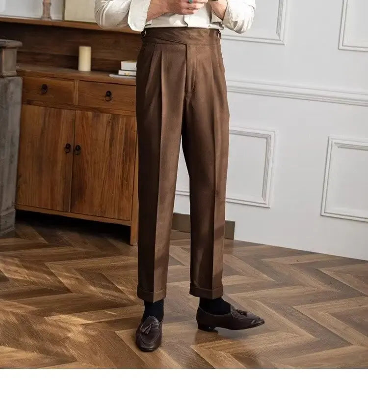 British Men's Suit Pants Straight High Waisted Naples Pants Formal Business Brown Black Khaki Off White Trousers Wedding Dress