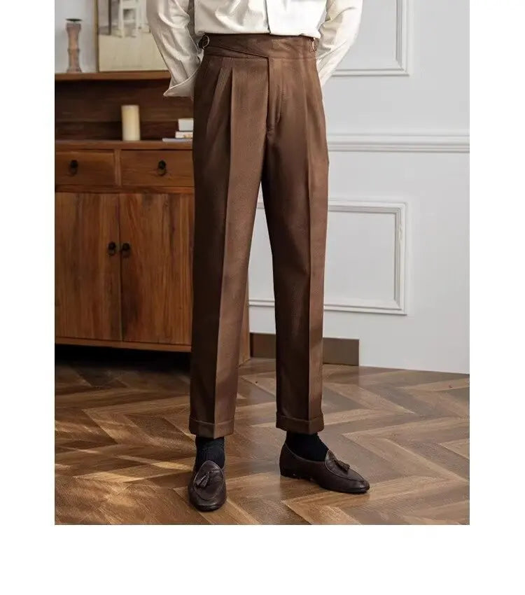 British Men's Suit Pants Straight High Waisted Naples Pants Formal Business Brown Black Khaki Off White Trousers Wedding Dress