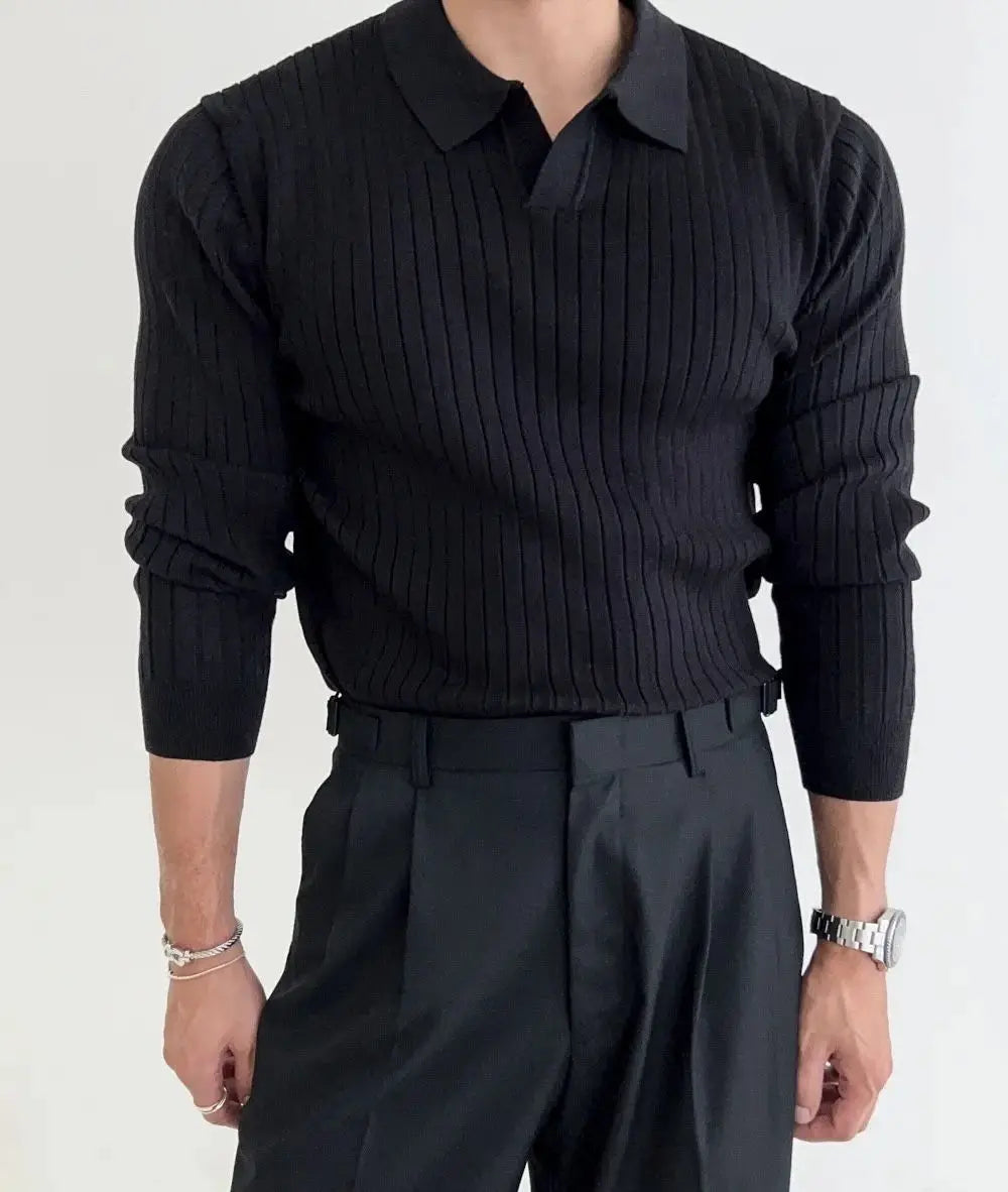 Spring Autumn Men's Slim Fit Long Sleeve Knitted T-shirt Pure Color Ribbed Elastic Collar Versatile Casual Fashion