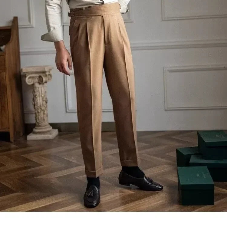 British Men's Suit Pants Straight High Waisted Naples Pants Formal Business Brown Black Khaki Off White Trousers Wedding Dress
