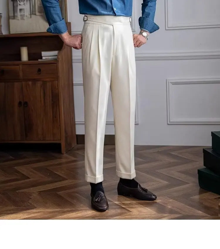 British Men's Suit Pants Straight High Waisted Naples Pants Formal Business Brown Black Khaki Off White Trousers Wedding Dress