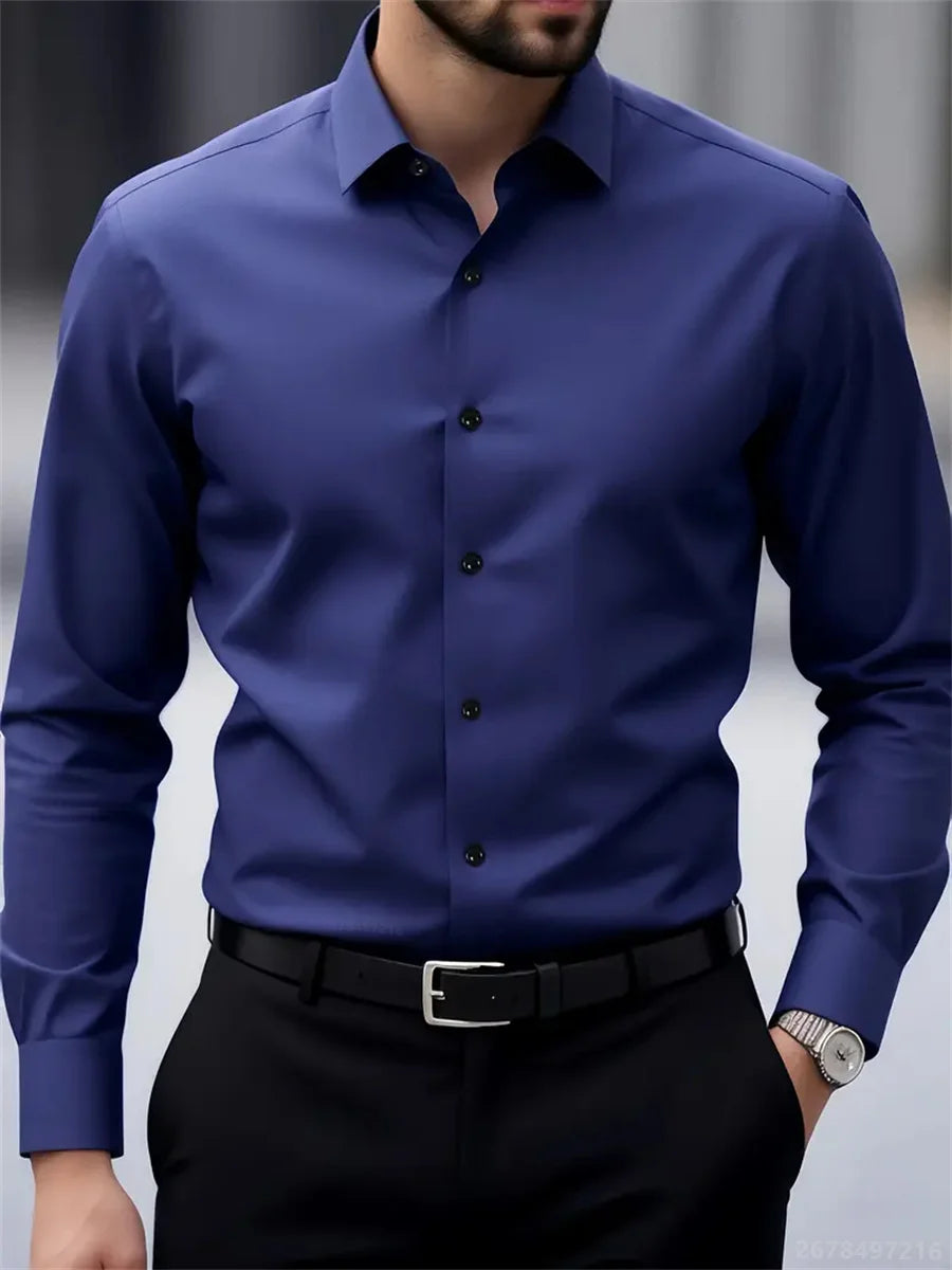 9-Color Men's Shirts, Solid Color Long-Sleeve Shirts, Slim Fit, Wrinkle-Free Professional Shirts, Collared Men's Fashion Tops