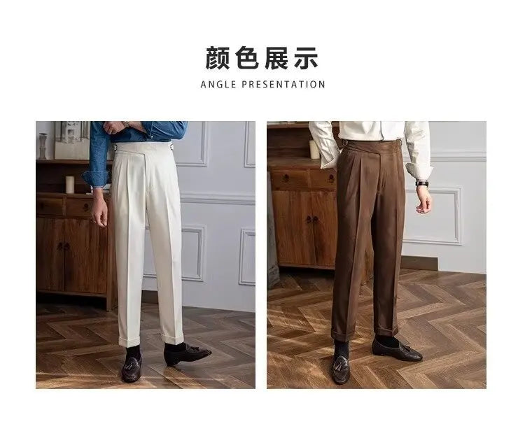 British Men's Suit Pants Straight High Waisted Naples Pants Formal Business Brown Black Khaki Off White Trousers Wedding Dress