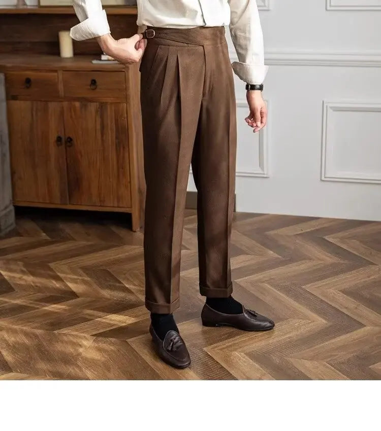 British Men's Suit Pants Straight High Waisted Naples Pants Formal Business Brown Black Khaki Off White Trousers Wedding Dress
