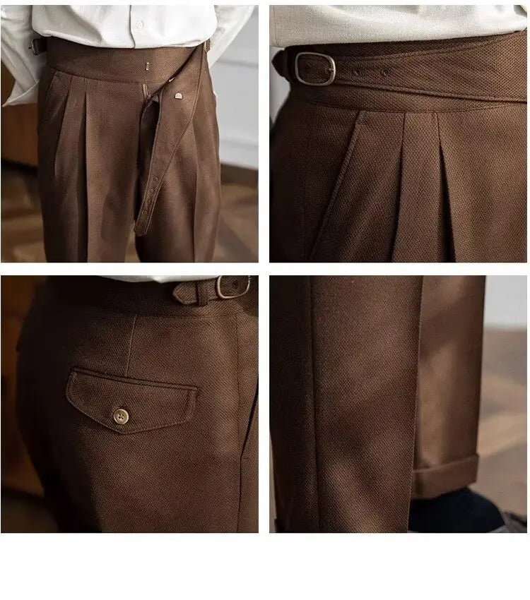 British Men's Suit Pants Straight High Waisted Naples Pants Formal Business Brown Black Khaki Off White Trousers Wedding Dress