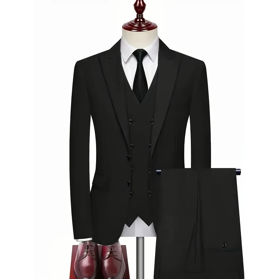 Men Suit 3 Pieces Black Double Button With Lapel Solid For Wedding Groom Banquet Party Business Work Office Jacket Vest Pants