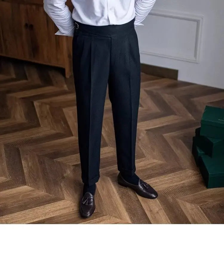 British Men's Suit Pants Straight High Waisted Naples Pants Formal Business Brown Black Khaki Off White Trousers Wedding Dress