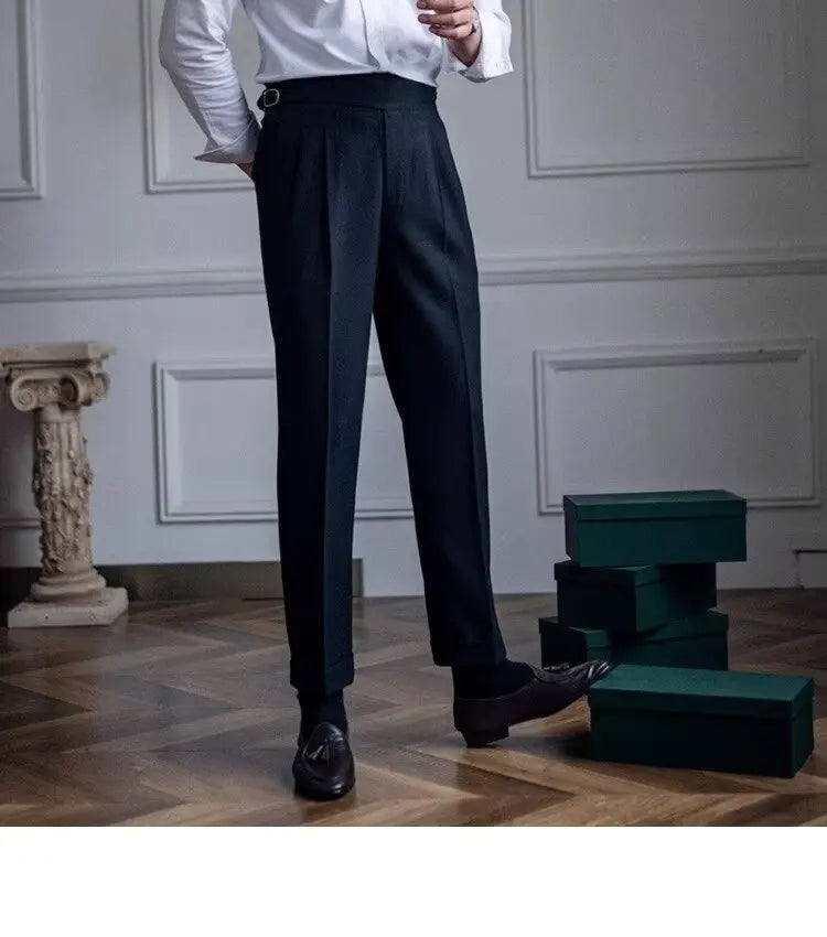 British Men's Suit Pants Straight High Waisted Naples Pants Formal Business Brown Black Khaki Off White Trousers Wedding Dress