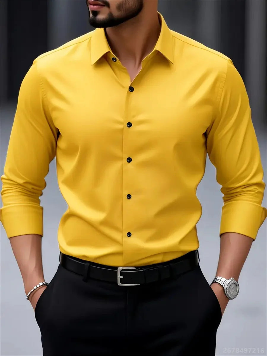 9-Color Men's Shirts, Solid Color Long-Sleeve Shirts, Slim Fit, Wrinkle-Free Professional Shirts, Collared Men's Fashion Tops
