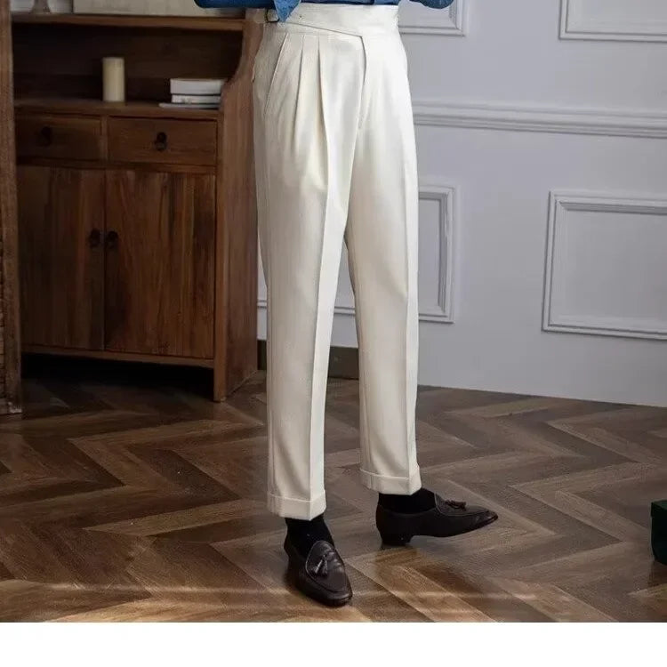 British Men's Suit Pants Straight High Waisted Naples Pants Formal Business Brown Black Khaki Off White Trousers Wedding Dress