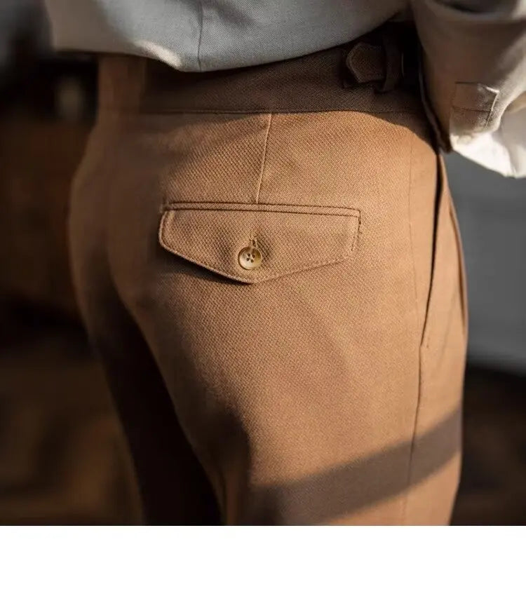 British Men's Suit Pants Straight High Waisted Naples Pants Formal Business Brown Black Khaki Off White Trousers Wedding Dress