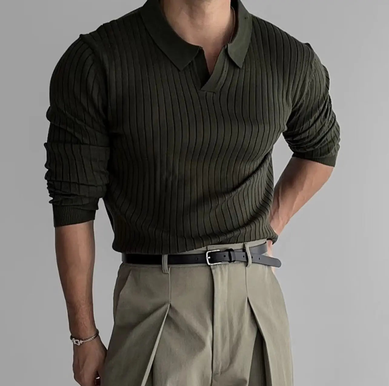 Spring Autumn Men's Slim Fit Long Sleeve Knitted T-shirt Pure Color Ribbed Elastic Collar Versatile Casual Fashion