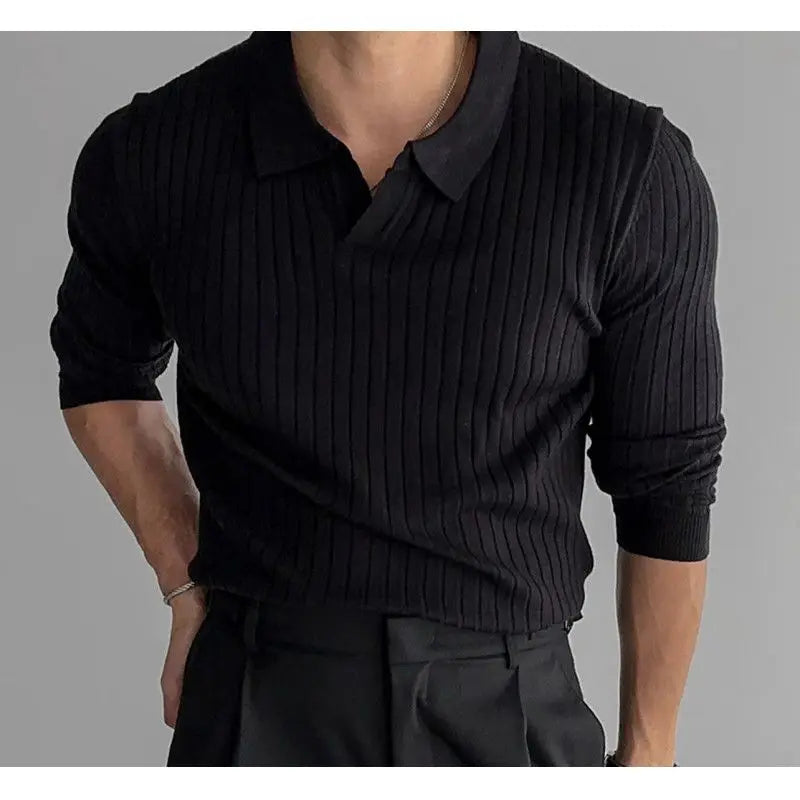 Spring Autumn Men's Slim Fit Long Sleeve Knitted T-shirt Pure Color Ribbed Elastic Collar Versatile Casual Fashion
