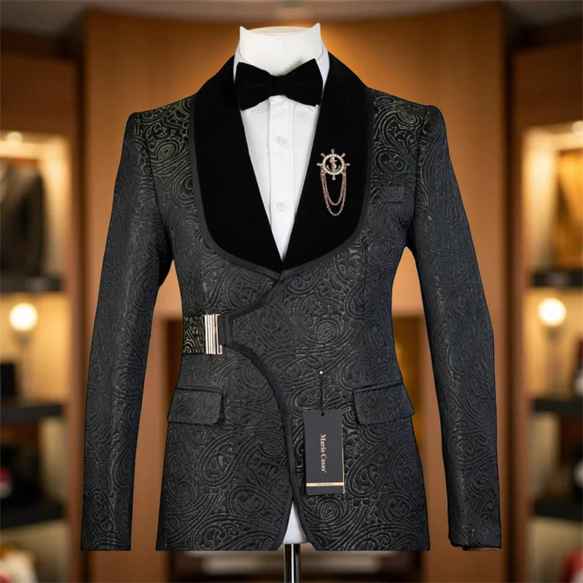 Floral Wedding Suits for Men with Buckle Button 2 Pcs Male Fashion Groom Tuxedo Custom Made Male Suit Set Jacket with Pants