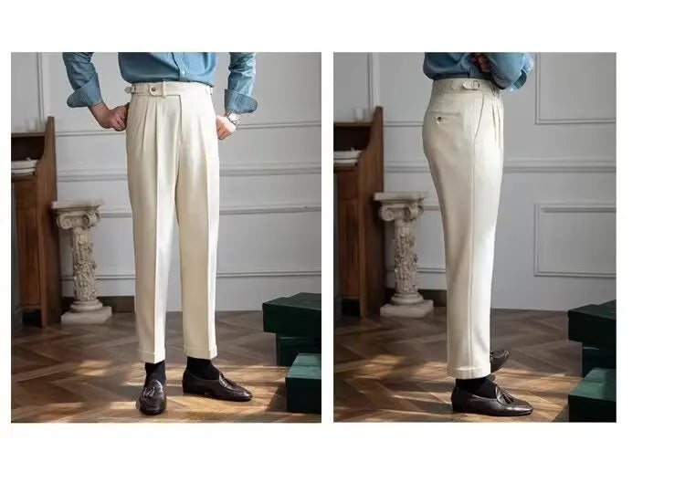 British Men's Suit Pants Straight High Waisted Naples Pants Formal Business Brown Black Khaki Off White Trousers Wedding Dress