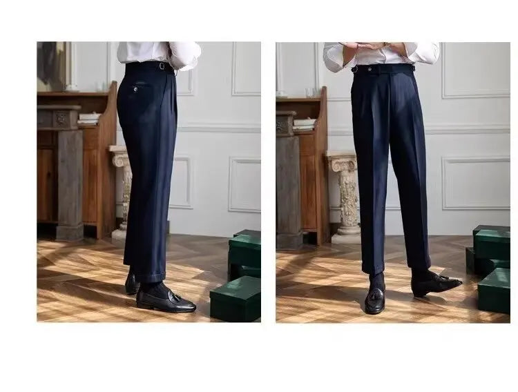 British Men's Suit Pants Straight High Waisted Naples Pants Formal Business Brown Black Khaki Off White Trousers Wedding Dress