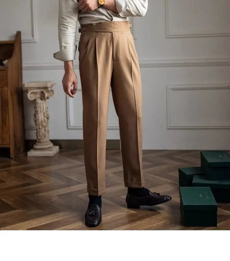 British Men's Suit Pants Straight High Waisted Naples Pants Formal Business Brown Black Khaki Off White Trousers Wedding Dress