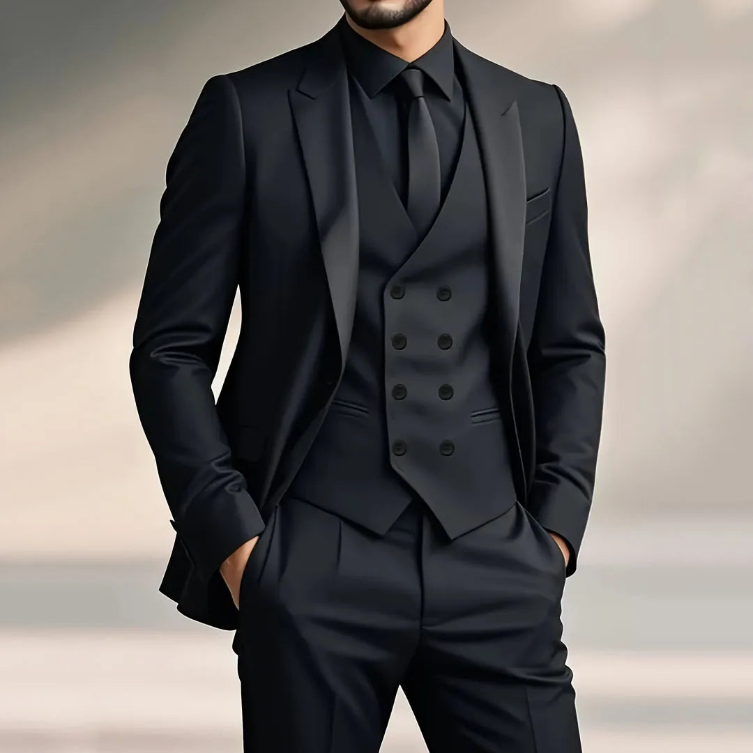 Men Suit 3 Pieces Black Double Button With Lapel Solid For Wedding Groom Banquet Party Business Work Office Jacket Vest Pants
