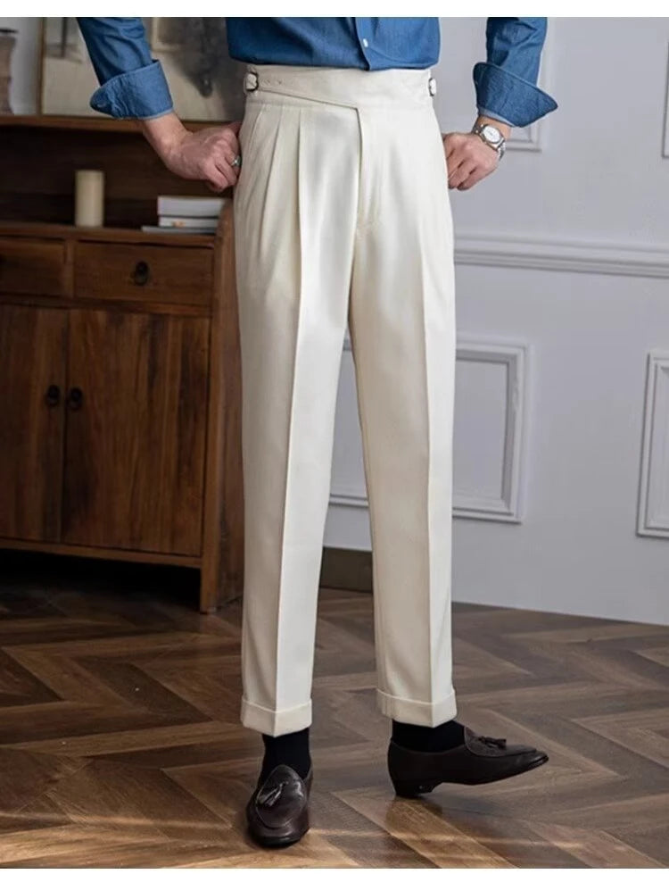 British Men's Suit Pants Straight High Waisted Naples Pants Formal Business Brown Black Khaki Off White Trousers Wedding Dress