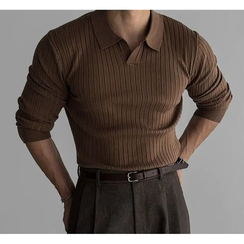 Spring Autumn Men's Slim Fit Long Sleeve Knitted T-shirt Pure Color Ribbed Elastic Collar Versatile Casual Fashion