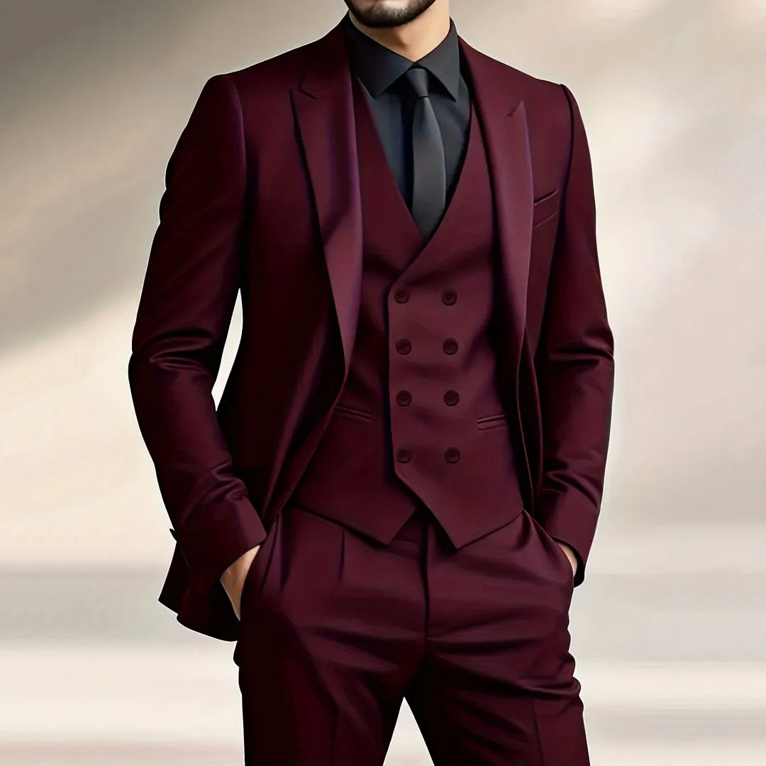 Men Suit 3 Pieces Black Double Button With Lapel Solid For Wedding Groom Banquet Party Business Work Office Jacket Vest Pants