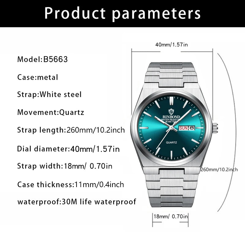 BINBOND Luxury Men's Business Watch - Waterproof Quartz Stainless Steel