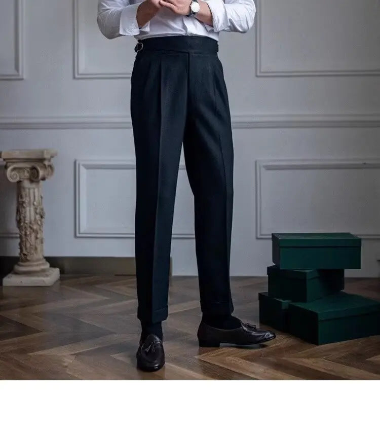 British Men's Suit Pants Straight High Waisted Naples Pants Formal Business Brown Black Khaki Off White Trousers Wedding Dress