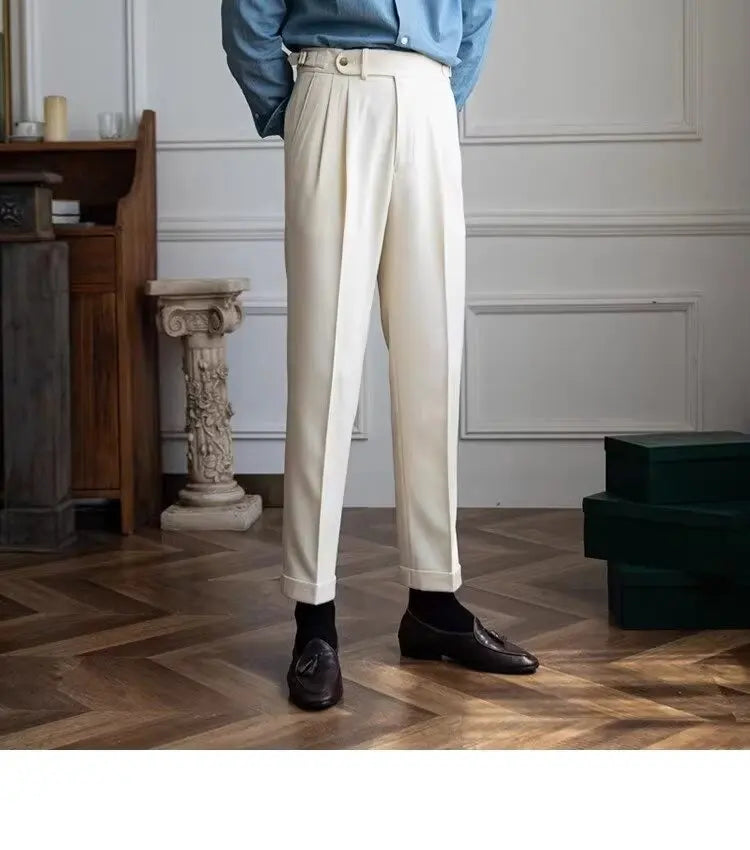 British Men's Suit Pants Straight High Waisted Naples Pants Formal Business Brown Black Khaki Off White Trousers Wedding Dress