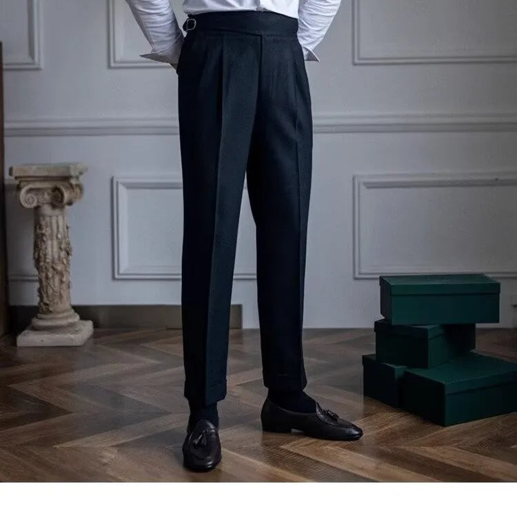 British Men's Suit Pants Straight High Waisted Naples Pants Formal Business Brown Black Khaki Off White Trousers Wedding Dress