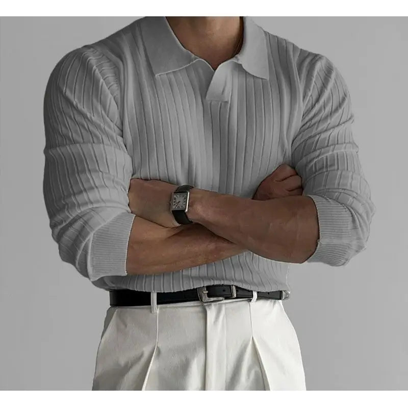 Spring Autumn Men's Slim Fit Long Sleeve Knitted T-shirt Pure Color Ribbed Elastic Collar Versatile Casual Fashion