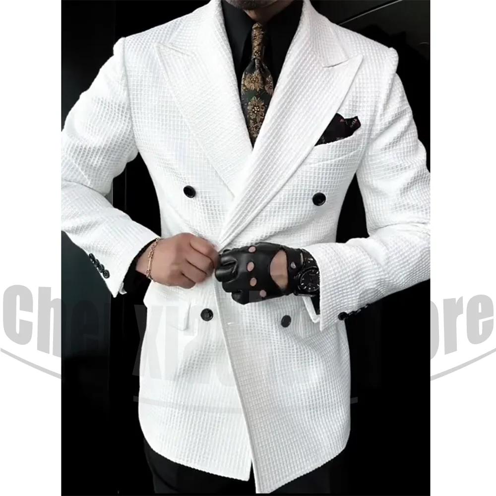 Men's Waffle Blazer Suit Chic Peak Lapel Double Breasted Textured Outfit Slim Party Wedding Formal Smart Casual Stylish Suits